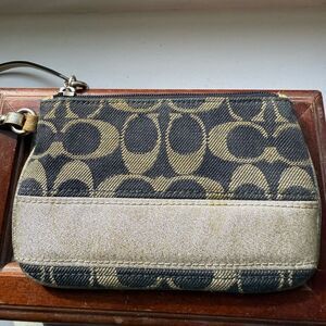 Coach Signature Canvas Stripe Black & Gold Mini Wristlet.